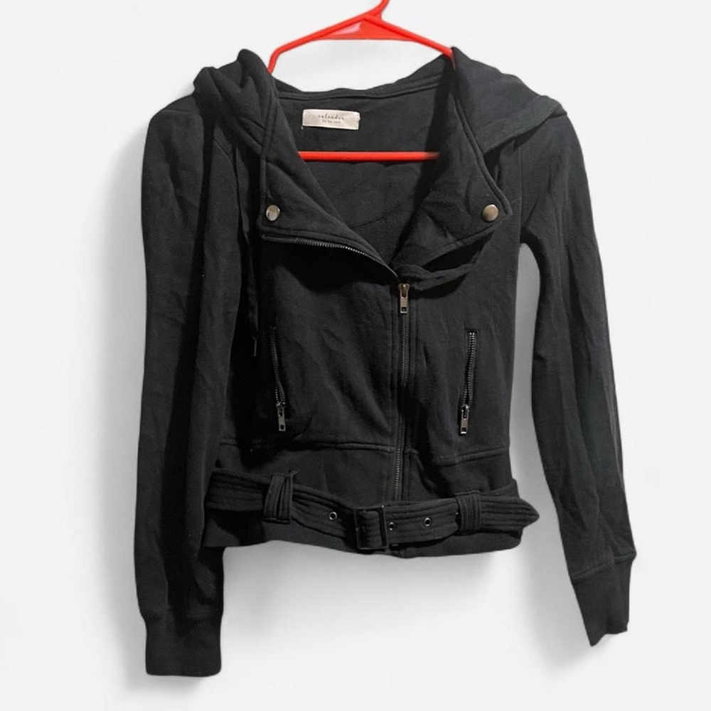 BE COOL Black Cropped Cotton Biker Jacket with Hood and Belt